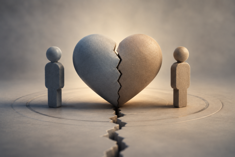 Two people separated by a cracked heart